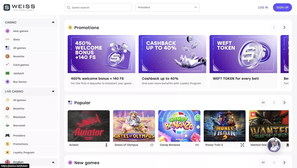 Weiss Casino főoldalának képernyőképe, játék kategóriákkal és promóciókkal